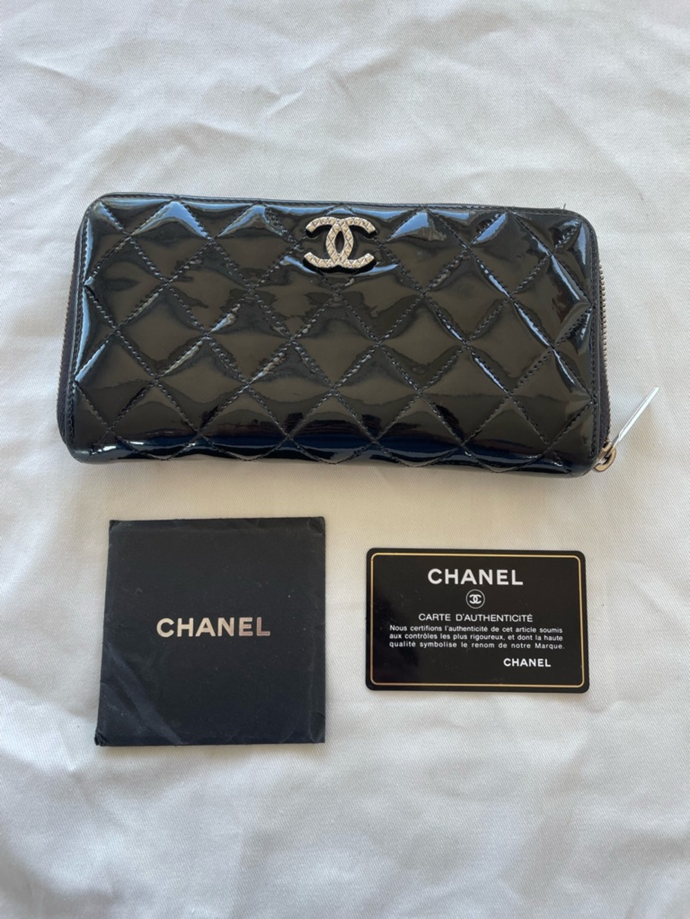 CHANEL Black Quilted Patent Leather Zip-Around Wallet